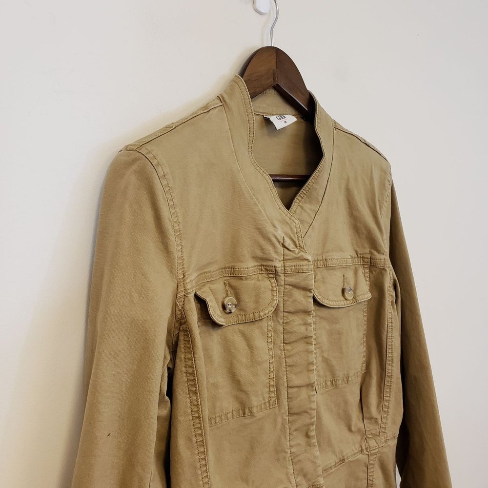 Cabi Womens Tan Canvas Utility Jacket Size M Button Up Flap Pockets Peplum Waist - Picture 2 of 9